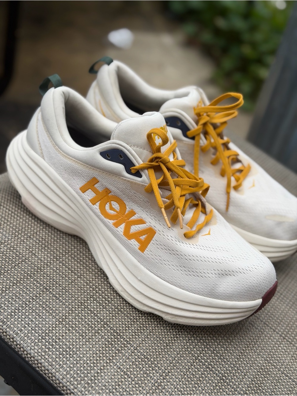 Hoka  Bondi 8 Cream and Mustard Lace-Up Running Sneakers